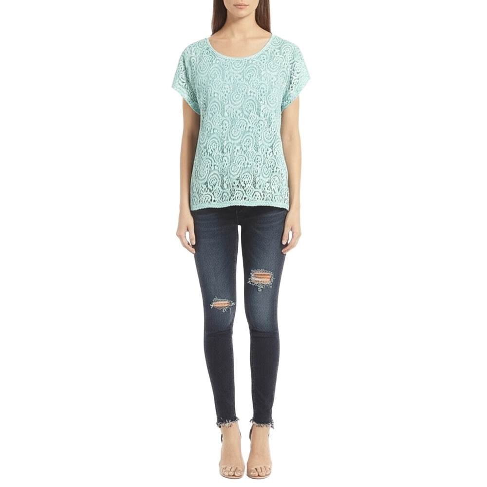 HASTINGS & SMITH Aqua/Mint Green Lace Short Sleeve‎ Boho Top Womens Large